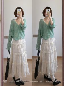 XUECAIQI | Early Autumn Travel Knit Top and Lace Skirt Set
