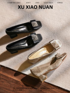 Elegant Chinese Style Square Head Thick Heel High Heels Womens Shoes Butterfly Knot Design Sense Water Diamond Mary Janes Single Shoes