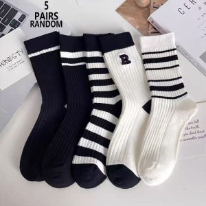 1/3/5/10/15 Pairs Random Womens Black White Striped Letter Print Crew Socks Breathable Preppy All-Match Mid Calf Daily Socks