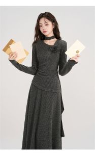 ชุดเดรสยาวสีเทาสไตล์ฝรั่งเศสย้อนยุค ชุดเสื้อผ้าผู้หญิง ชุดเดรสยาวทรงเอ แขนยาว คอวี ทรงเข้ารูป ชุดทำงาน