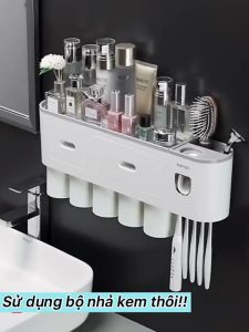 Kệ Để Bàn Chải Kem Đánh Răng Kem Đánh Răng Tự Động 4 cốc Không khoan tường (Tặng kèm miếng dán)