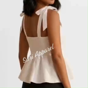 JOY STRAP PLEATED PEPLUM COTTON LINEN XS-M -tank top with shoulder straps and bow details. - Casual summer wear.