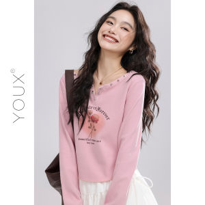 YOUXIANG | Áo Thun Tay Dài In Hoa Hồng Ôm Sát Kiểu Phối Lớp