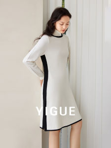Yigue | Elegant High Neck Long Sleeve Knit Dress for Spring Autumn Leisure Match