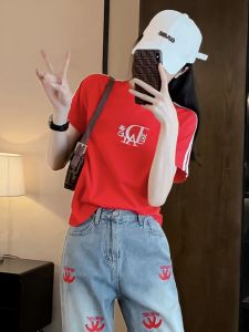 เสื้อยืดแขนสั้นผู้หญิงปักลายฤดูร้อนใหม่ลำลองหลวมๆ เสื้อแขนสั้นเต้นรำกีฬาเส้นใยโพลีเอสเตอร์คอตตอนผสมเส้นใยยืดหยุ่น