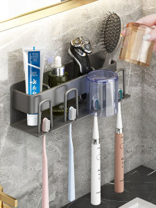 Bathroom Wall-Mounted Toothbrush Holder Aluminum Alloy Minimalist Style Storage Rack Toothpaste Cup Organizer No Drilling Required