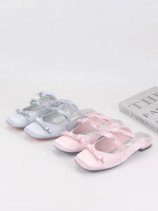 รองเท้าแตะผู้หญิงพื้นแบนสีพื้นผ้าไหม รองเท้าแตะแบบสวมหัวเหลี่ยม ดีไซน์ปมผีเสื้อ รองเท้าแตะส้นเตี้ย สไตล์หรูหรา