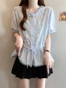 SHIMANQING | French High-class Earwood Embroidered Slim Fit Short-sleeve Shirt