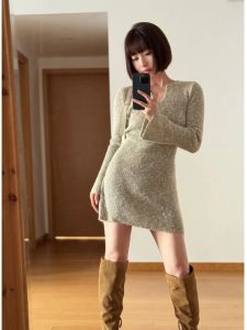 V-neck Knitting Dress Womens Autumn and Winter Match with Coat Inner Wear Woolen Skirt Idle Style Silm Bottoming Hip Skirt