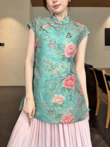 QINGNAER | Plus Size Chinese Style Floral Dyeing Color Block Stand-Up Collar Sleeveless Vest