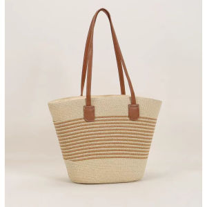 Summer Casual Beach Straw Woven Shoulder Bag Womens Fashionable Tote Bag Ladies Backpack Black Stripe New 2025 Model