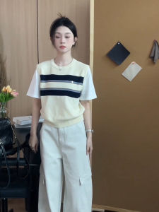 Áo Thun Nữ Tay Ngắn Cổ Tròn Sọc Màu Cam Phong Cách Hàn Quốc Mùa Hè Áo Thun Lụa Băng Không Tay Áo Hai Mảnh Giả Ôm Vừa Vặn