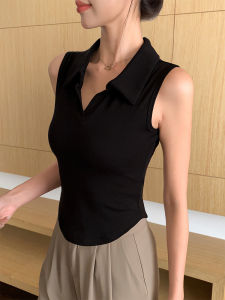 Fashionable Sleeveless Polo Vest Womens Summer Outerwear Black High-End Sporty Style Turn-down Collar Comfortable Fit Cotton Blend