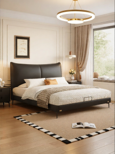 Minimalist Leather and Wood Double Bed with Drawers