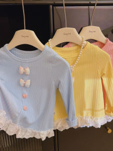 Childrens Lace Base Shirt Fashionable T-shirt Thin Long Sleeve Inner Wear Spring Autumn Girls Clothes Korean Style Polyester Fiber