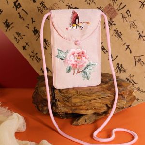 กระเป๋าสะพายข้างผ้าไหมสีน้ำเงินดอกไม้พัดใบฤดูร้อนปี 2024 กระเป๋าใส่โทรศัพท์มือถือแบบสะพายข้างสไตล์จีนใหม่สำหรับผู้หญิง กระเป๋าใส่บัตร กระเป๋าสะพายข้างแบบใหม่