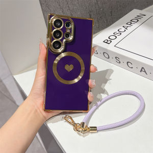 Luxury Lanyard Love Heart Magnetic Phone Case For Samsung S26 Plus S24 S25 Ultra Solid Color Plating Silicone Soft Back Cover