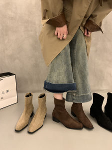 Fleece Lined Martin Boots Womens Slim Fit Chunky Heel Square Toe Short Boots Fashionable Autumn Winter New Style French Style