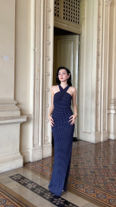 EMROSE Váy đuôi cá cổ chéo chấm bi xanh navy Lily dress