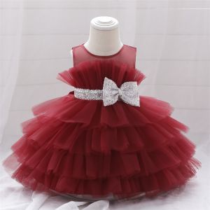 Baby Summer Dress 1 Year Puffy Pink Kids Bow Christening Princess Brithday Vestidos Toddler Children Baptism Baby Girl Clothes