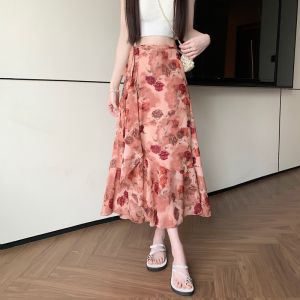 Floral High Waist Midi Skirt Womens Summer 2025 New Belted Asymmetrical Fairy One-Piece Chiffon Skirt Bodycon A-Line Skirt