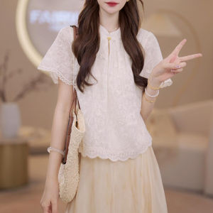 Shalldoer | Korean Style Lace Splicing Embroidery Round Neck Short Sleeve Womens Shirt Summer New Fashion High End Versatile Top