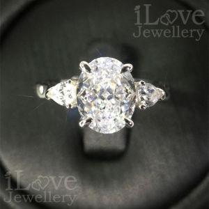 iLove Jewellery 925 Sterling Silver 18K White Gold Plated Adjustable Ring 1.5ct Three Stone Oval Cubic Zirconia Cincin Perempuan Simulated Diamond Gifts for Women Fashion ILR055