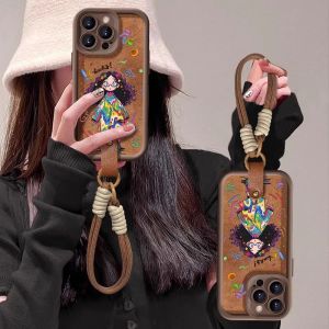 Adorable Girls Apple 16 Series Silicone Phone Case with Wrist Strap And Lanyard Small Sheepskin Protection Soft TPU Fall Winter