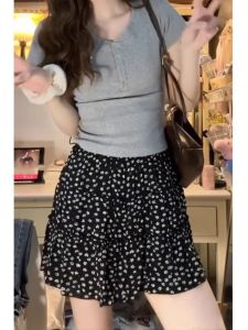 กระโปรงสั้นลายเค้กสีดำลายดอกไม้สำหรับผู้หญิงไซส์ใหญ่เอวสูงกระโปรงทรงเอเอวสูงกระโปรงสั้นทรงเอทรงเข้ารูป