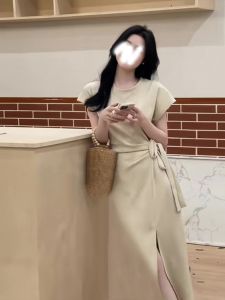 French Style Temperament round Neck Waist Trimming Shoelace Short Sleeve Dress Summer New Arrival Commuters All-Matching Slimming Slit Long Dress for Women
