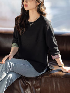 Elegant Long Sleeve T-Shirt Womens Autumn New Style Retro Slimming Sweatshirt Midi Black Top Chinese National Style