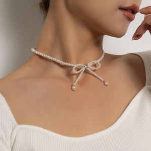 Ngọc Trai Giả Vòng Cổ Nơ Đơn Giản Cho Nữ Thắt Nơ Thanh Lịch Dây Chuyền Choker Ziricon Sáng Bóng Xương Đòn Vòng Cổ Đính Cườm Quà Tặng Tiệc Tùng Cho Bé Gái Trang Sức Thời Trang