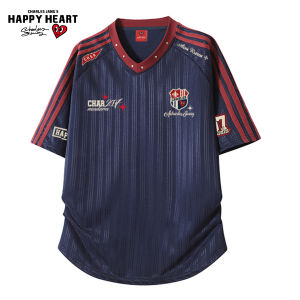 CHARLES JANGS HAPPY HEART | Heart Badge Striped V-Neck Short Sleeve T-Shirt