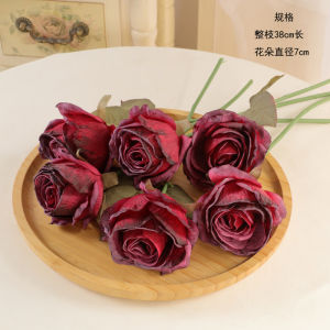 Rose Lilies Vase Silk Flower Home Decorative Table Centerpiece Fake Flower Photography Prop Large Rose Retro Burnt Edge