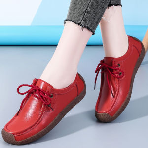 Fall New Large Size Genuine Leather Anti-Slip Snail Womens Flats Comfortable Mom Loafers Casual round Toe Flat Heel Shoes