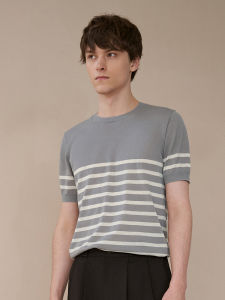 Men Short Sleeve T-Shirt Knitted Round Neck Stripe Gray Summer