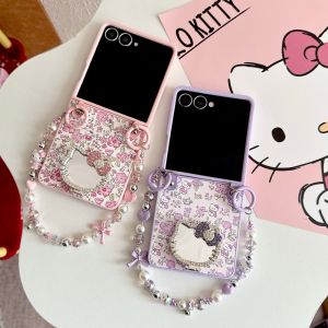 Sanrio | Cute Luxury Hello Kittty Floral Bracket Mirror Phone Case For Samsung Galaxy Z Flip 7 6 5 4 3 Shockproof Protection Cover Funda