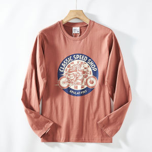 Áo Thun Nam Tay Dài Dáng Rộng Phong Cách Mỹ Mới Chất Liệu Cotton Nguyên Chất in Họa Tiết Xe Máy Cổ Tròn Mùa Thu Thường Ngày Áo Lót