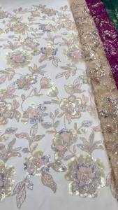 OLEVO | Luxurious Gold Floral Lace Fabric With Beaded Mesh Embroidery For Wedding Dress Party Gown Elegant Sewing Material AT2950