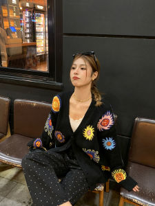 เสื้อคาร์ดิแกนถักคอวีสีดำ ผ้าขนสัตว์ ทรงหลวม แขนยาว ปกติ ฤดูใบไม้ร่วง/ฤดูหนาว เสื้อผ้าทำงานสไตล์เกาหลี สำหรับผู้หญิง