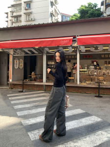 Pusumede Womens Wide Leg Casual Pants Drawstring Workwear Trousers Loose Straight Long Design Sensation Niche Pants