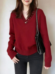QINGNAER | Stylish Beads V-Neck Red Spring Knit Sweater Plus Size