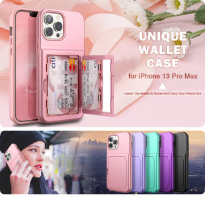 เคสสำหรับผู้หญิงหญิงสาวพร้อมกระเป๋าสตางค์และกระจกซ่อนของกระเป๋าใส่บัตรเครดิตสองชั้นเคสกระเป๋าสตางค์ป้องกันการกระแทกทนทานสองชั้นสำหรับ iPhone 13 Pro Max/ 13 Pro/ 13 Pro/ 13 Pro/ 12 Pro Max