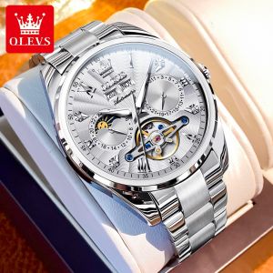 OLEVS watch for mens 2025 new fully automatic relo for men waterproof dual calendar multi function hollow mechanical dial stainless steel fashionable business luminous watch for men