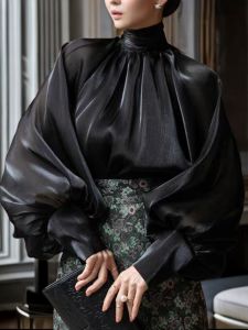 Áo Sơ Mi Nữ Kiểu Pháp Tay Đèn Lồng Voan Lụa Lụa Mùa Thu Có Nơ Thắt Lưng Thiết Kế Tay Áo Dài Thường Ngày Màu Trơn