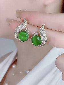 Elegant Silver Needle Diamond Embedded Cats Eye Stone Earrings Fashionable Korean Style Womens Jewelry Ear Decor
