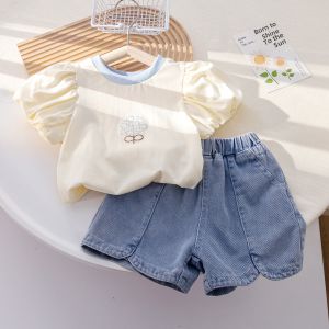 Baby Girl Short Sleeve T-Shirt Set 2025 Summer New Style Childrens Versatile Top Two-Piece Set Trendy Cotton round Neck
