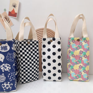 Spring Summer Canvas Handbag Small Checkered Insulated Cup Cover Water Bottle Bag Outdoor Travel Simple Design Youth Fashion Bag