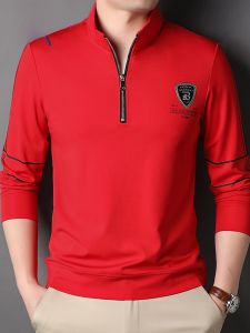 ROMON | Romon Mens Long Sleeve Zipper Hoodie Fashionable Business Style Half High Collar Polo Shirt For Spring Autumn Red Lucky Year Top