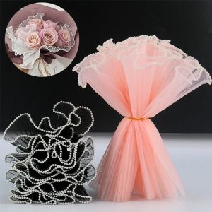 28Cm*4M Flower Wrapping Yarn Pearl Edge Wave Mesh Yarn Floral Bouquet Packaging Paper Valentines Day Wedding Party Gift Decor